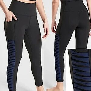 Athleta Salutation Black Leggings with Blue Accents